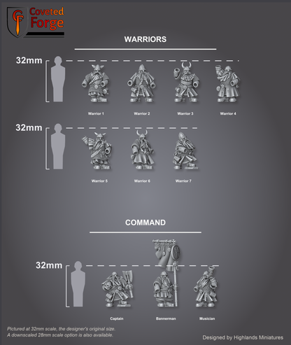 Dwarf Warriors scale lineup with command, 32mm bracket per row, scale note
