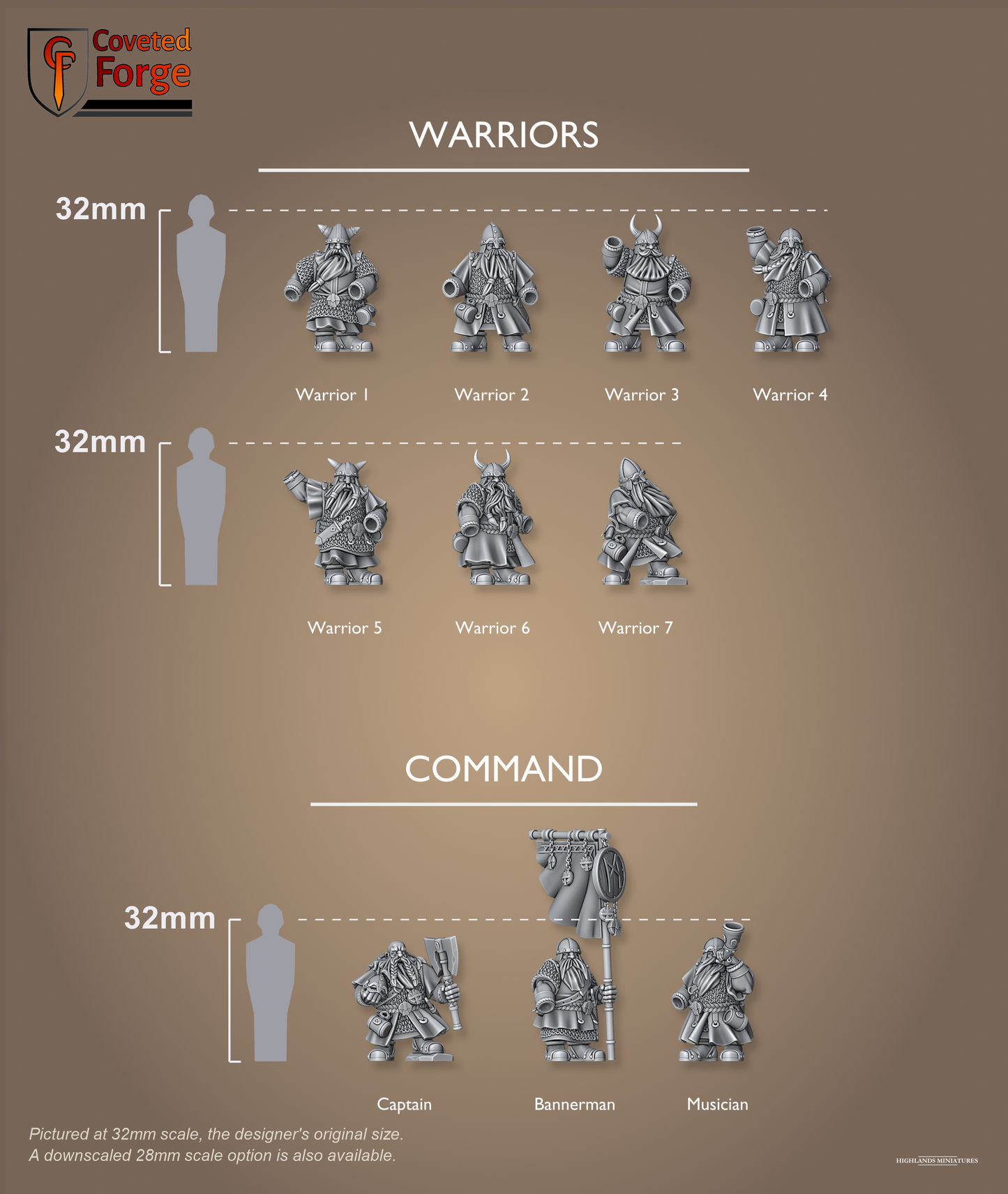 Dwarf Warriors scale lineup, command with full banner, 32mm bracket per row, scale note