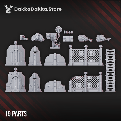 Warcells 2 sci-fi scatter terrain set, nineteen 3D printed parts including walls, barricades and markers by Dakka Dakka Store