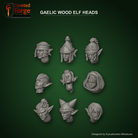 Gaelic Wood Elf Heads by Kyoushuneko Miniatures: one head from each of the 9 styles (Forest Guard, Eternal Guardians, Forest Riders, War Dancers, Deer Sisters, Wild Watchers, Rangers, Hawk Riders and Forest Scouts) in warm clay on a dark forest-green backdrop, unpainted 3D-printed resin heads with neck pegs for 28mm, 32mm and 35mm conversions.