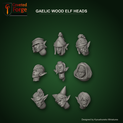 Gaelic Wood Elf Heads by Kyoushuneko Miniatures: one head from each of the 9 styles (Forest Guard, Eternal Guardians, Forest Riders, War Dancers, Deer Sisters, Wild Watchers, Rangers, Hawk Riders and Forest Scouts) in warm clay on a dark forest-green backdrop, unpainted 3D-printed resin heads with neck pegs for 28mm, 32mm and 35mm conversions.