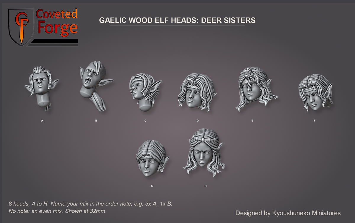 Coveted Forge bits sheet: Heads (5 of 9), Gaelic Wood Elf Heads Deer Sisters style guide, 8 different heads lettered A to H to name in the order note, shown at 32mm, resin heads by Kyoushuneko Miniatures.