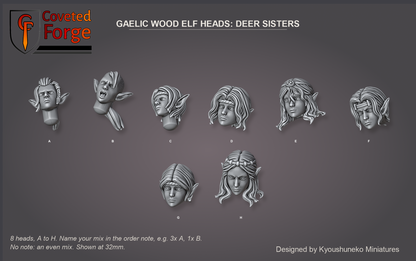 Coveted Forge bits sheet: Heads (5 of 9), Gaelic Wood Elf Heads Deer Sisters style guide, 8 different heads lettered A to H to name in the order note, shown at 32mm, resin heads by Kyoushuneko Miniatures.