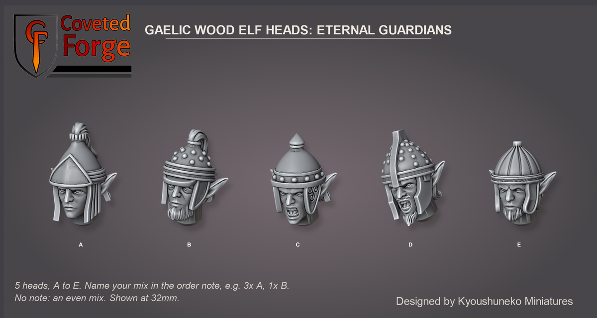 Coveted Forge bits sheet: Heads (2 of 9), Gaelic Wood Elf Heads Eternal Guardians style guide, 5 different heads lettered A to E to name in the order note, shown at 32mm, resin heads by Kyoushuneko Miniatures.