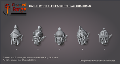 Coveted Forge bits sheet: Heads (2 of 9), Gaelic Wood Elf Heads Eternal Guardians style guide, 5 different heads lettered A to E to name in the order note, shown at 32mm, resin heads by Kyoushuneko Miniatures.