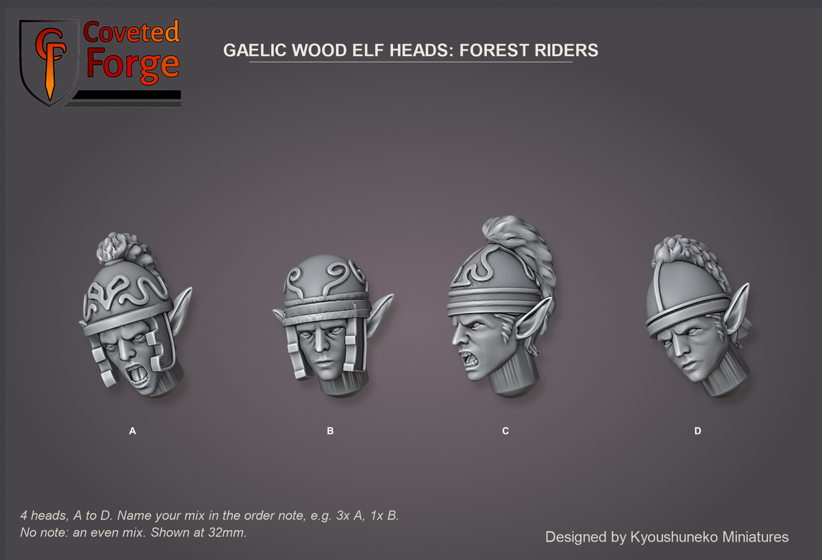 Coveted Forge bits sheet: Heads (3 of 9), Gaelic Wood Elf Heads Forest Riders style guide, 4 different heads lettered A to D to name in the order note, shown at 32mm, resin heads by Kyoushuneko Miniatures.