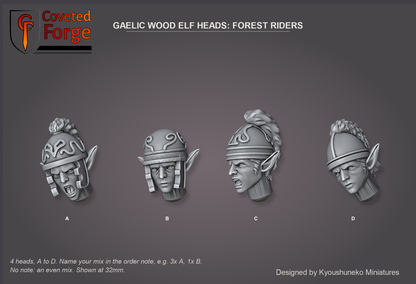 Coveted Forge bits sheet: Heads (3 of 9), Gaelic Wood Elf Heads Forest Riders style guide, 4 different heads lettered A to D to name in the order note, shown at 32mm, resin heads by Kyoushuneko Miniatures.