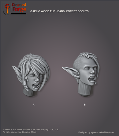 Coveted Forge bits sheet: Heads (9 of 9), Gaelic Wood Elf Heads Forest Scouts style guide, 2 different heads lettered A to B to name in the order note, shown at 32mm, resin heads by Kyoushuneko Miniatures.