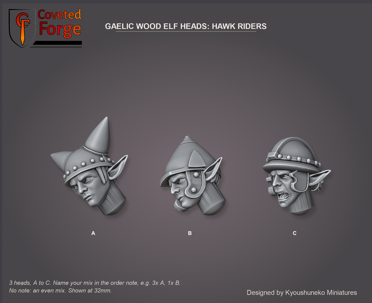 Coveted Forge bits sheet: Heads (8 of 9), Gaelic Wood Elf Heads Hawk Riders style guide, 3 different heads lettered A to C to name in the order note, shown at 32mm, resin heads by Kyoushuneko Miniatures.