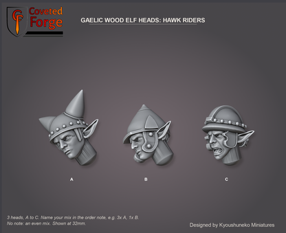 Coveted Forge bits sheet: Heads (8 of 9), Gaelic Wood Elf Heads Hawk Riders style guide, 3 different heads lettered A to C to name in the order note, shown at 32mm, resin heads by Kyoushuneko Miniatures.