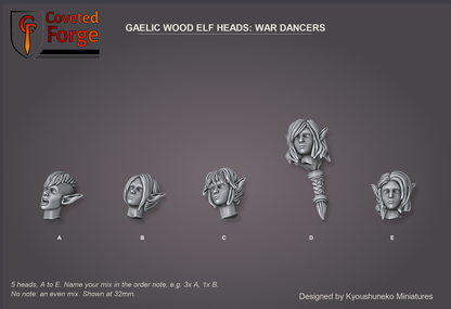 Coveted Forge bits sheet: Heads (4 of 9), Gaelic Wood Elf Heads War Dancers style guide, 5 different heads lettered A to E to name in the order note, shown at 32mm, resin heads by Kyoushuneko Miniatures.
