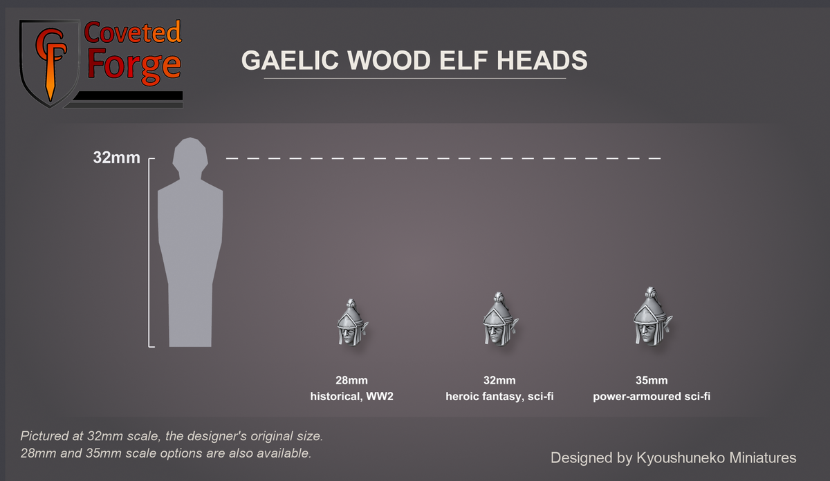 Coveted Forge scale reference: one Gaelic Wood Elf Eternal Guardians head at 28mm, 32mm and 35mm scale beside a 32mm human silhouette, front three-quarter view, each scale labelled with the ranges it suits; 32mm is the designer's original size, 28mm and 35mm options are also available; every head style is the same scale.