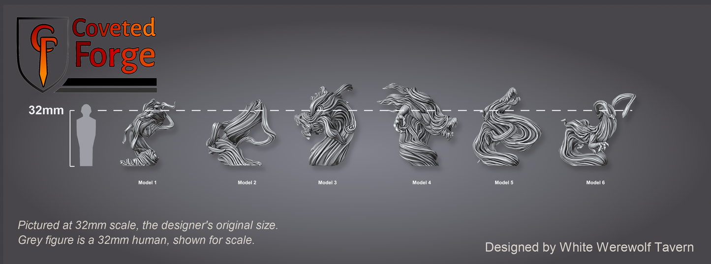 Scale reference: Water Elementals at 32mm scale beside a 32mm human silhouette