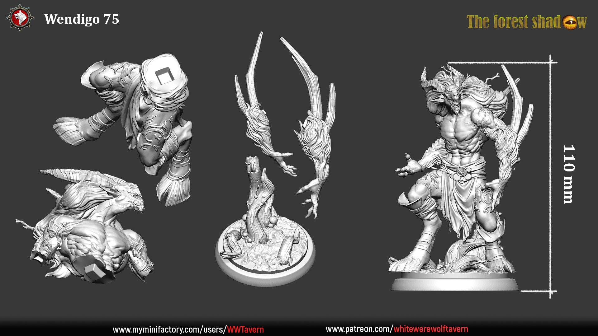Wendigo display model parts layout with body, arms, legs and base, 110mm assembled height