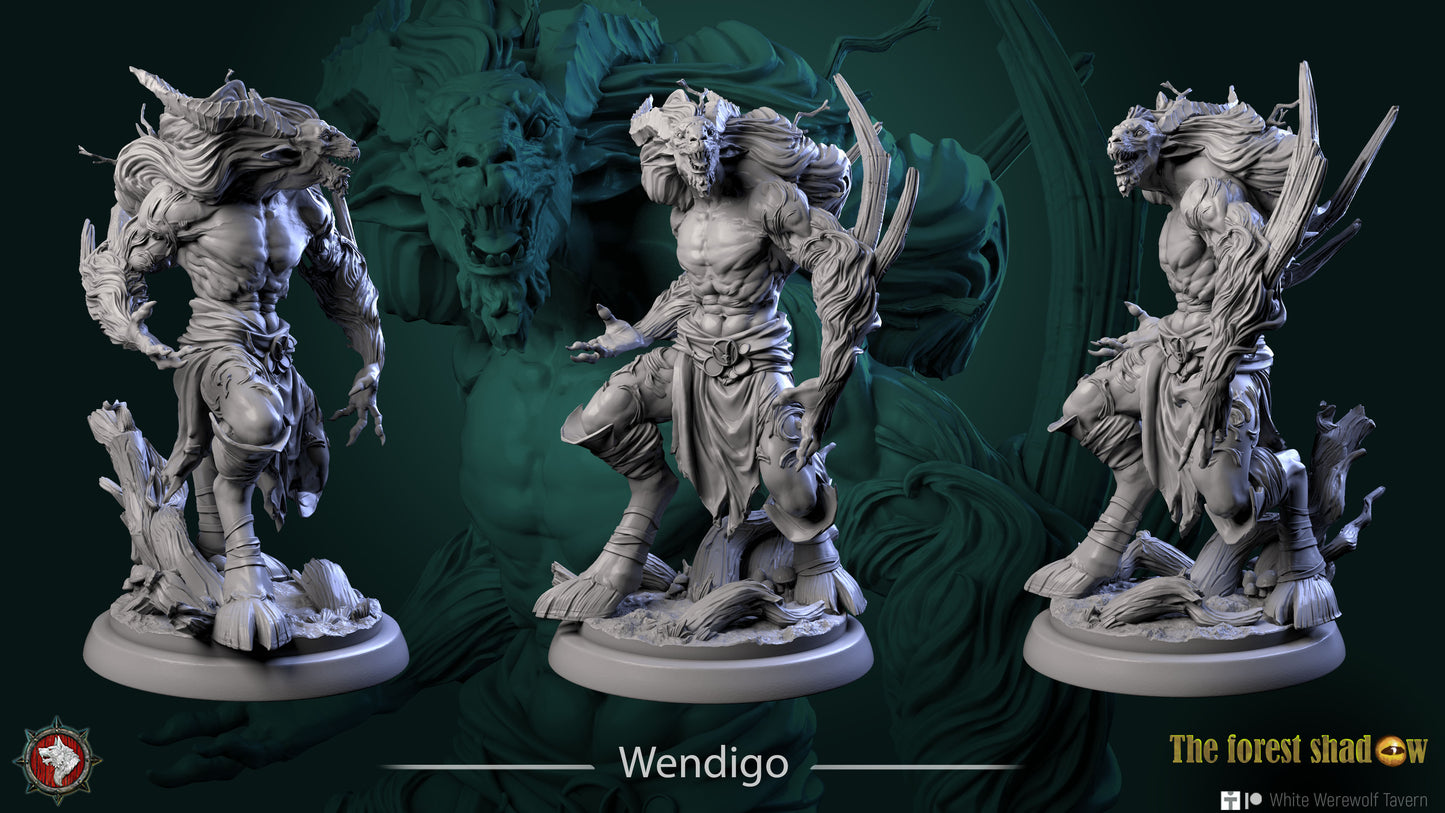 Three views of the Wendigo display model showing antlers, bark-grown arms and hoofed stance
