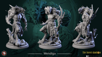 Three views of the Wendigo display model showing antlers, bark-grown arms and hoofed stance