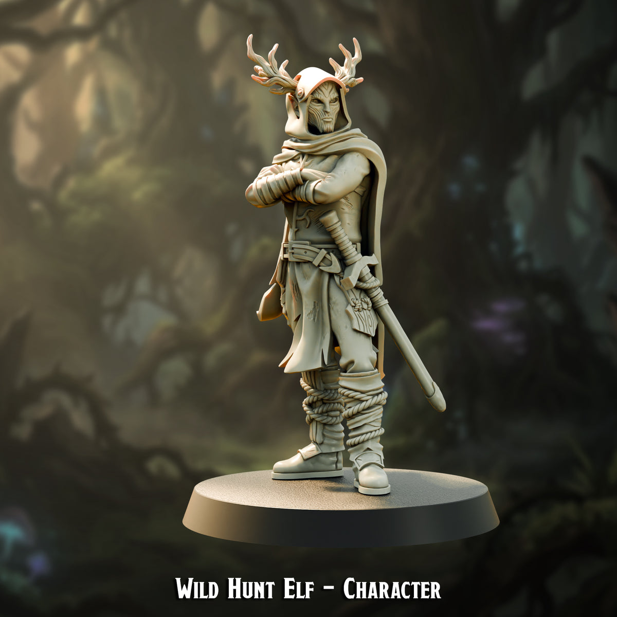 Wild Hunt Elf Character, hooded antlered elf hero with arms folded and a sheathed sword, resin miniature by The Printing Goes Ever On
