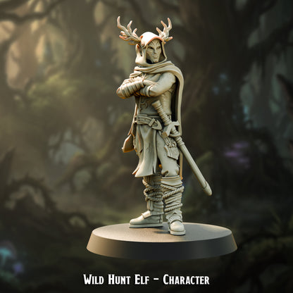 Wild Hunt Elf Character, hooded antlered elf hero with arms folded and a sheathed sword, resin miniature by The Printing Goes Ever On
