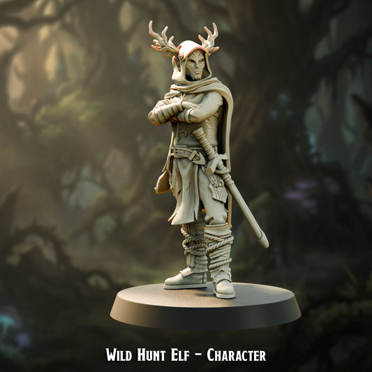 Wild Hunt Elf Character, hooded antlered elf hero with arms folded and a sheathed sword, resin miniature by The Printing Goes Ever On