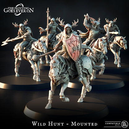 Wild Hunt Elves Mounted, five antlered elf knights on barded horses, resin miniatures by The Printing Goes Ever On