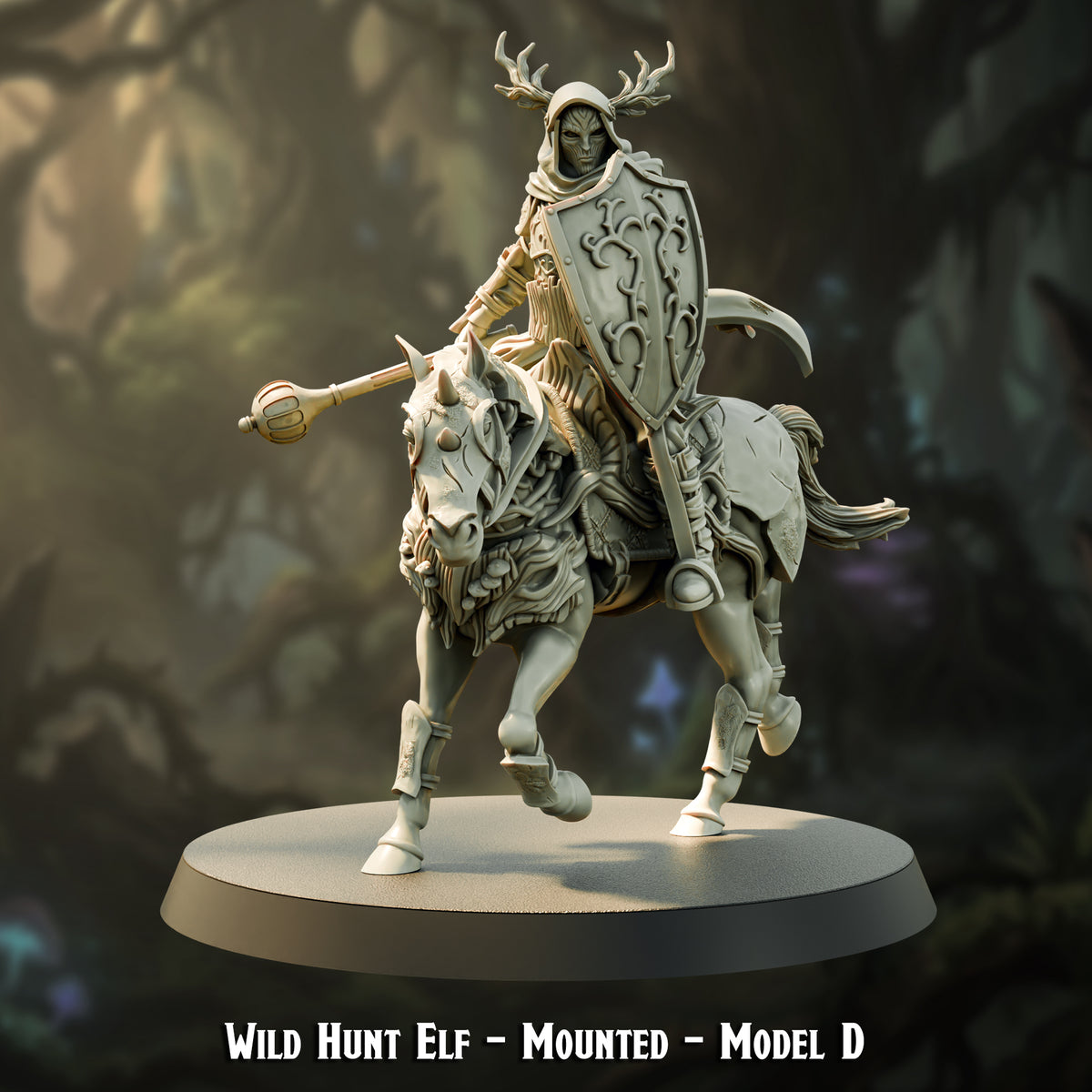 Wild Hunt Elf Mounted Model D, mace and kite shield, The Printing Goes Ever On render
