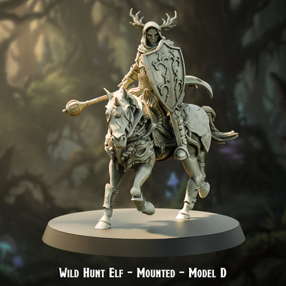 Wild Hunt Elf Mounted Model D, mace and kite shield, The Printing Goes Ever On render