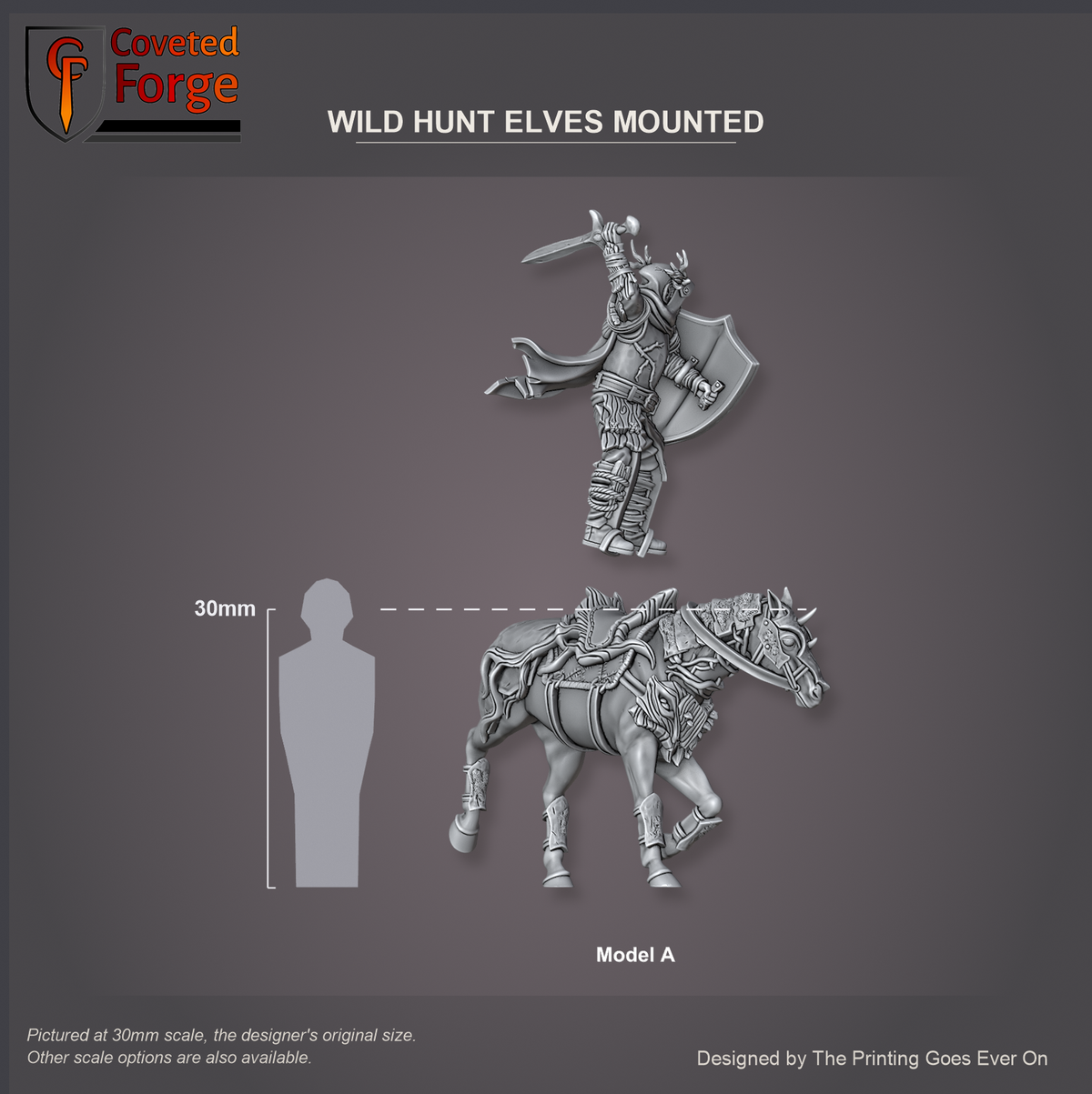 Coveted Forge scale reference: the Wild Hunt Elves Mounted Model A rider floated above its own mount, side profile, beside a 30mm human silhouette; every model in the set is the same scale, with a 28mm downscale also available