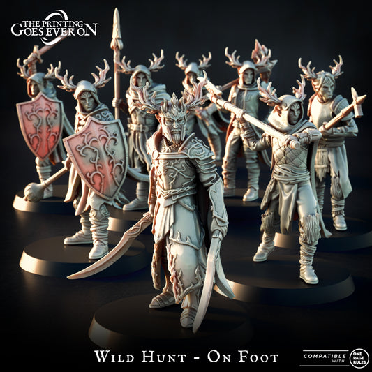 Wild Hunt Elves on Foot, seven antlered elf warriors and their captain with shields, spear, sword, axe and mace, resin miniatures by The Printing Goes Ever On