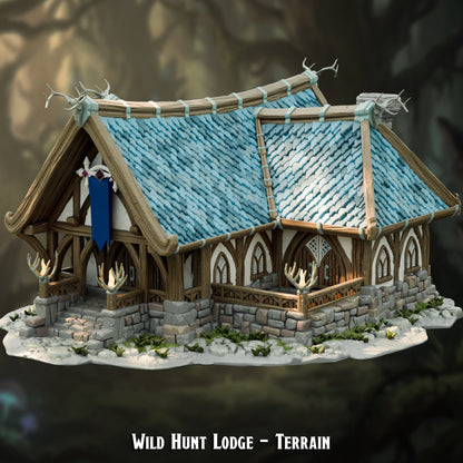 Wild Hunt Lodge fey elf terrain, a timber-framed hunting hall with a blue shingle roof, antler finials and a stone plinth, 3D printed at 30mm by The Printing Goes Ever On