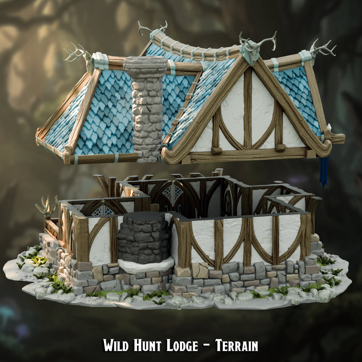 Wild Hunt Lodge With Interior version with the roof lifted off to show the hollow rooms and interior doors