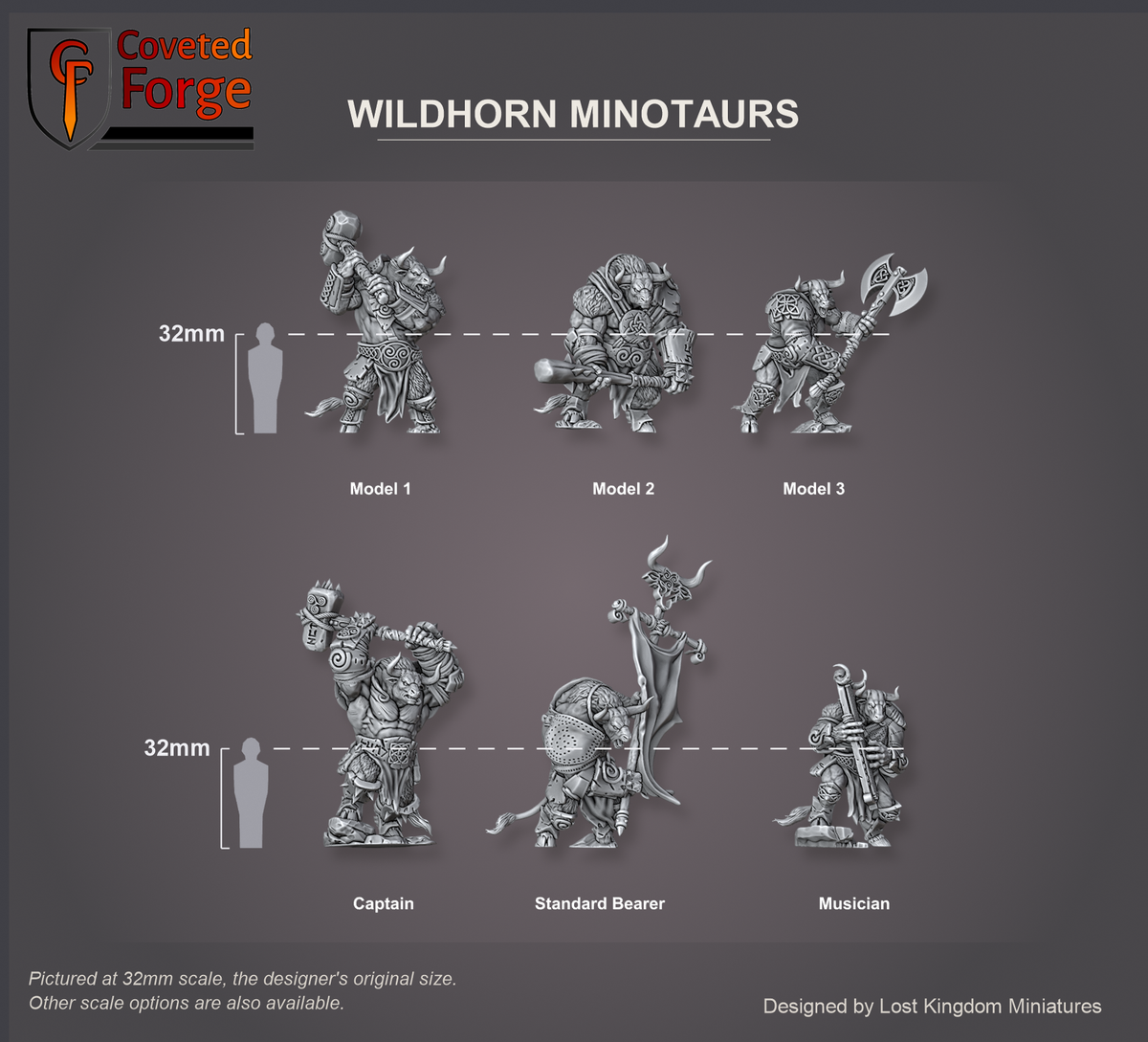 Coveted Forge scale reference: the six Wildhorn Minotaurs, Model 1 to 3 and the captain, standard bearer and musician, each labelled in three-quarter view, in two rows beside a 32mm human silhouette. Pictured at 32mm, the designer's original size, with a 28mm downscale also available.
