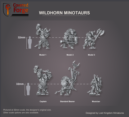 Coveted Forge scale reference: the six Wildhorn Minotaurs, Model 1 to 3 and the captain, standard bearer and musician, each labelled in three-quarter view, in two rows beside a 32mm human silhouette. Pictured at 32mm, the designer's original size, with a 28mm downscale also available.