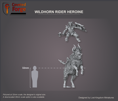 Coveted Forge scale reference: the Wildhorn Rider Heroine floated above her rearing mount, three-quarter view, beside a 32mm human silhouette. Pictured at 32mm, the designer's original size, with a 28mm downscale also available.