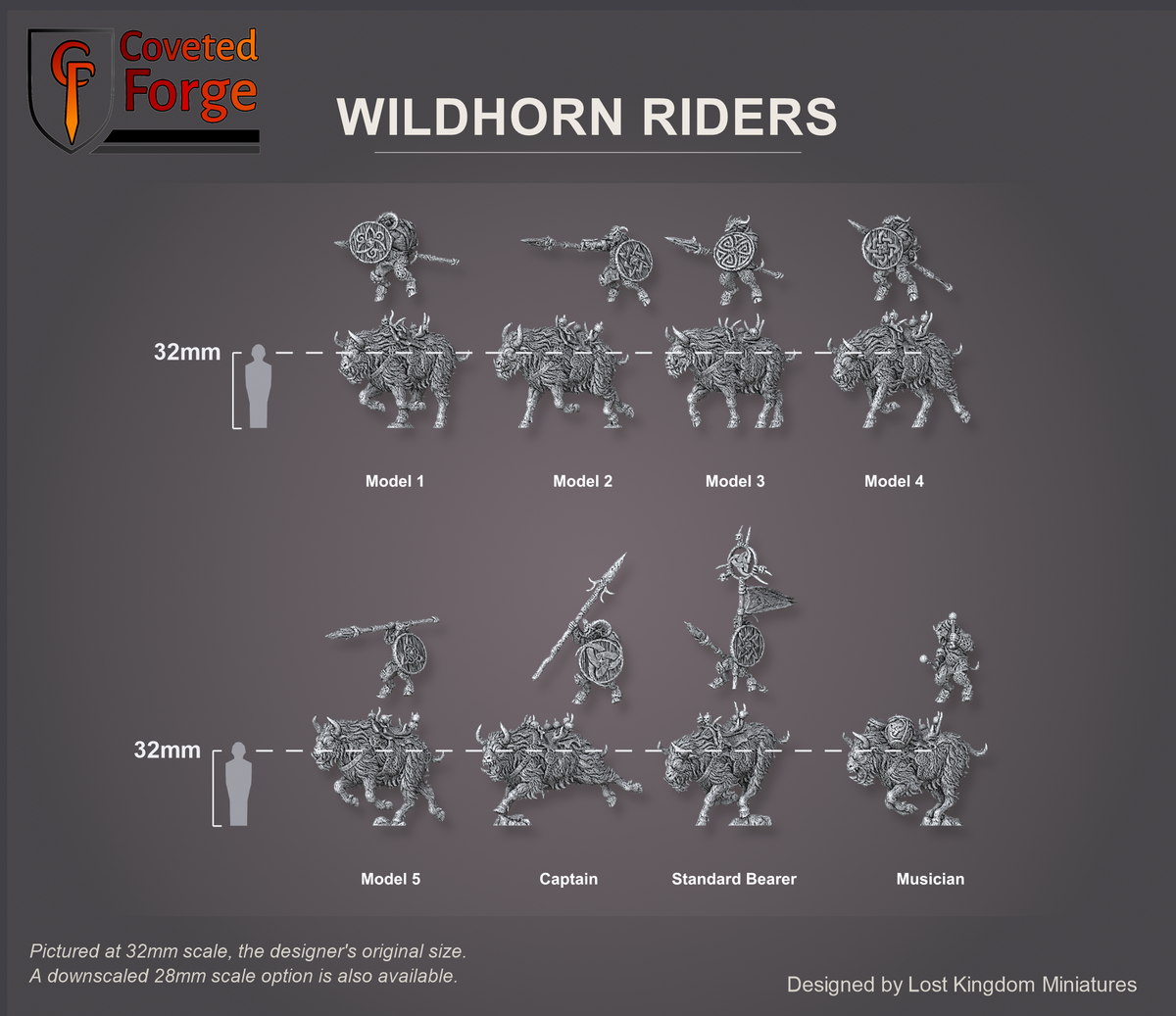 Coveted Forge scale reference: Full Set shown with every model, Model 1, Model 2, Model 3, Model 4, Model 5, Captain, Standard Bearer and Musician (the Full Command is the Captain, Standard Bearer and Musician), each rider floated above its own mount, three-quarter view, beside a 32mm human silhouette. Pictured at 32mm, the designer's original size, with a 28mm downscale also available.