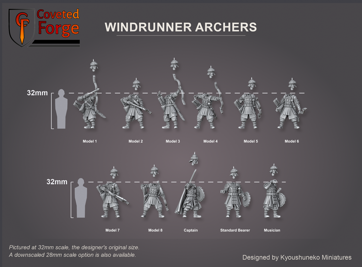 Coveted Forge scale render at 32mm, the designer's original size, with a 28mm downscale also available: Windrunner Archers Model 1, Model 2, Model 3, Model 4, Model 5, Model 6, Model 7, Model 8, Captain, Standard Bearer and Musician, labelled, three-quarter view, beside a 32mm human silhouette; each head floats just above its body; the Standard Bearer's banner is printed separately and not shown; the Complete Set includes every model.