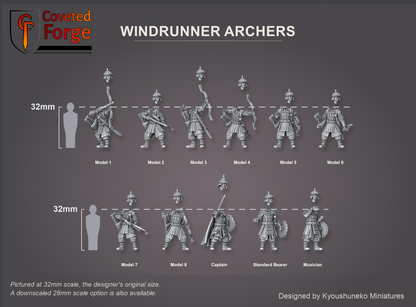 Coveted Forge scale render at 32mm, the designer's original size, with a 28mm downscale also available: Windrunner Archers Model 1, Model 2, Model 3, Model 4, Model 5, Model 6, Model 7, Model 8, Captain, Standard Bearer and Musician, labelled, three-quarter view, beside a 32mm human silhouette; each head floats just above its body; the Standard Bearer's banner is printed separately and not shown; the Complete Set includes every model.