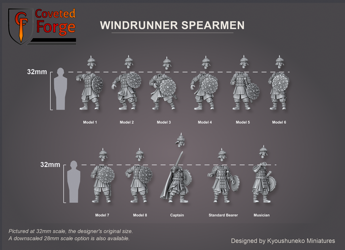 Coveted Forge scale render at 32mm, the designer's original size, with a 28mm downscale also available: Windrunner Spearmen Model 1, Model 2, Model 3, Model 4, Model 5, Model 6, Model 7, Model 8, Captain, Standard Bearer and Musician, labelled, three-quarter view, beside a 32mm human silhouette; each head floats just above its body; the yari spears and the Standard Bearer's banner are printed separately and not shown; the Complete Set includes every model.