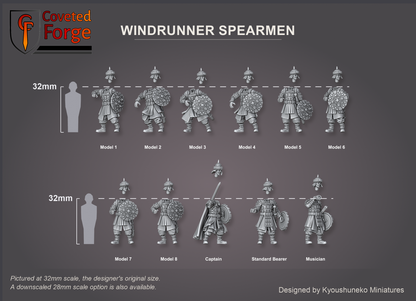 Coveted Forge scale render at 32mm, the designer's original size, with a 28mm downscale also available: Windrunner Spearmen Model 1, Model 2, Model 3, Model 4, Model 5, Model 6, Model 7, Model 8, Captain, Standard Bearer and Musician, labelled, three-quarter view, beside a 32mm human silhouette; each head floats just above its body; the yari spears and the Standard Bearer's banner are printed separately and not shown; the Complete Set includes every model.