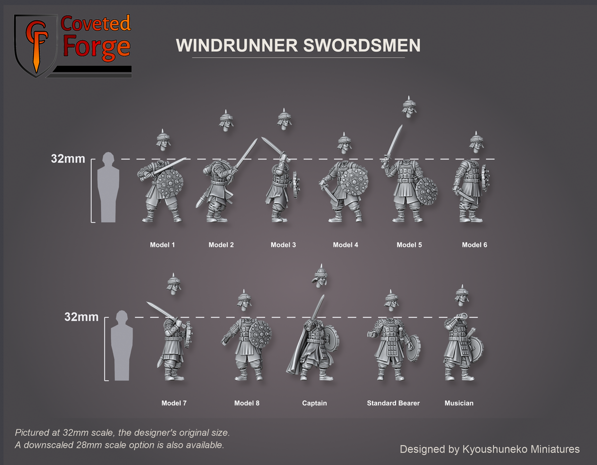 Coveted Forge scale render at 32mm, the designer's original size, with a 28mm downscale also available: Windrunner Swordsmen Model 1, Model 2, Model 3, Model 4, Model 5, Model 6, Model 7, Model 8, Captain, Standard Bearer and Musician, labelled, three-quarter view, beside a 32mm human silhouette; each head floats just above its body; the Standard Bearer's banner is printed separately and not shown; the Complete Set includes every model.