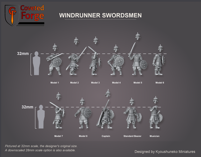 Coveted Forge scale render at 32mm, the designer's original size, with a 28mm downscale also available: Windrunner Swordsmen Model 1, Model 2, Model 3, Model 4, Model 5, Model 6, Model 7, Model 8, Captain, Standard Bearer and Musician, labelled, three-quarter view, beside a 32mm human silhouette; each head floats just above its body; the Standard Bearer's banner is printed separately and not shown; the Complete Set includes every model.