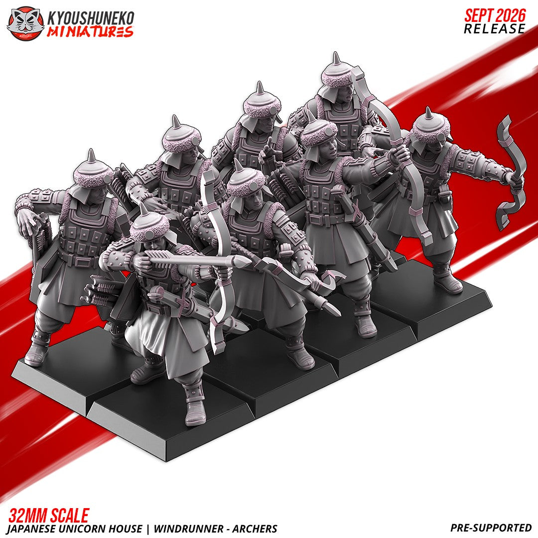 Unicorn House Windrunner Archers ranked on square bases, designer render by Kyoushuneko Miniatures: feudal Japanese foot archers in fur-trimmed spiked helmets with recurved bows and quivers; unpainted 3D printed resin miniatures in 28mm or 32mm scale.