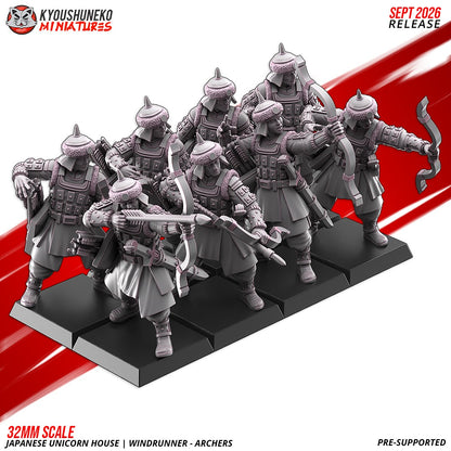 Unicorn House Windrunner Archers ranked on square bases, designer render by Kyoushuneko Miniatures: feudal Japanese foot archers in fur-trimmed spiked helmets with recurved bows and quivers; unpainted 3D printed resin miniatures in 28mm or 32mm scale.