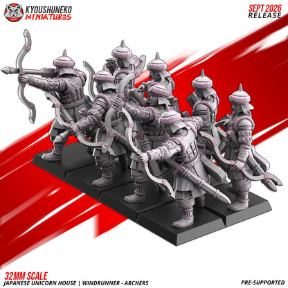Windrunner Archers ranked as a unit with bows drawn, designer render by Kyoushuneko Miniatures.