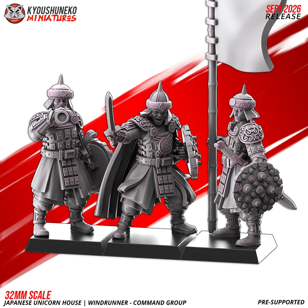 Windrunner command figures counted inside the w/ Command packs and sold singly: a Captain with a sword and cloak, a Standard Bearer with a tall banner and a Musician with a horn, on square bases, designer render by Kyoushuneko Miniatures.