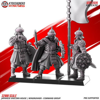 Windrunner command figures counted inside the w/ Command packs and sold singly: a Captain with a sword and cloak, a Standard Bearer with a tall banner and a Musician with a horn, on square bases, designer render by Kyoushuneko Miniatures.