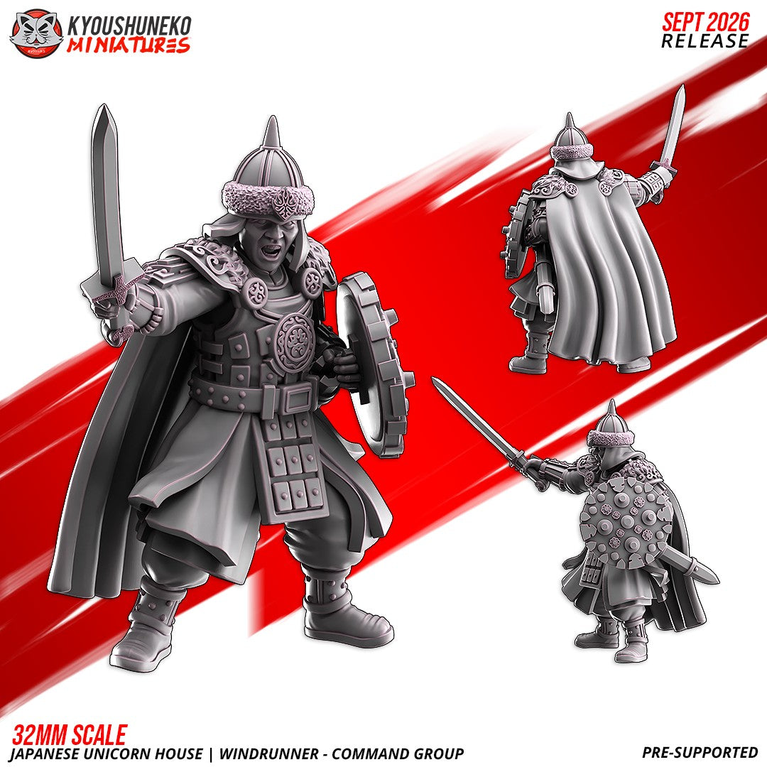 Windrunner Captain with a raised sword, round shield and long cloak, front and rear views, designer render by Kyoushuneko Miniatures.