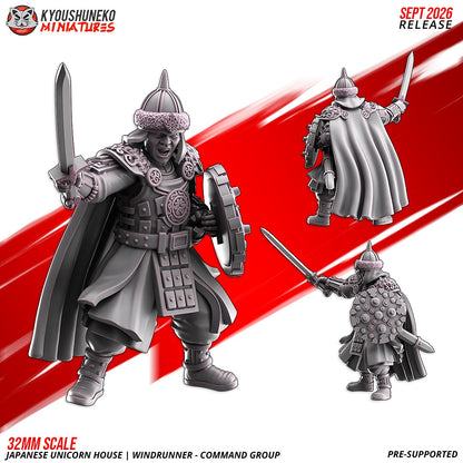 Windrunner Captain with a raised sword, round shield and long cloak, front and rear views, designer render by Kyoushuneko Miniatures.