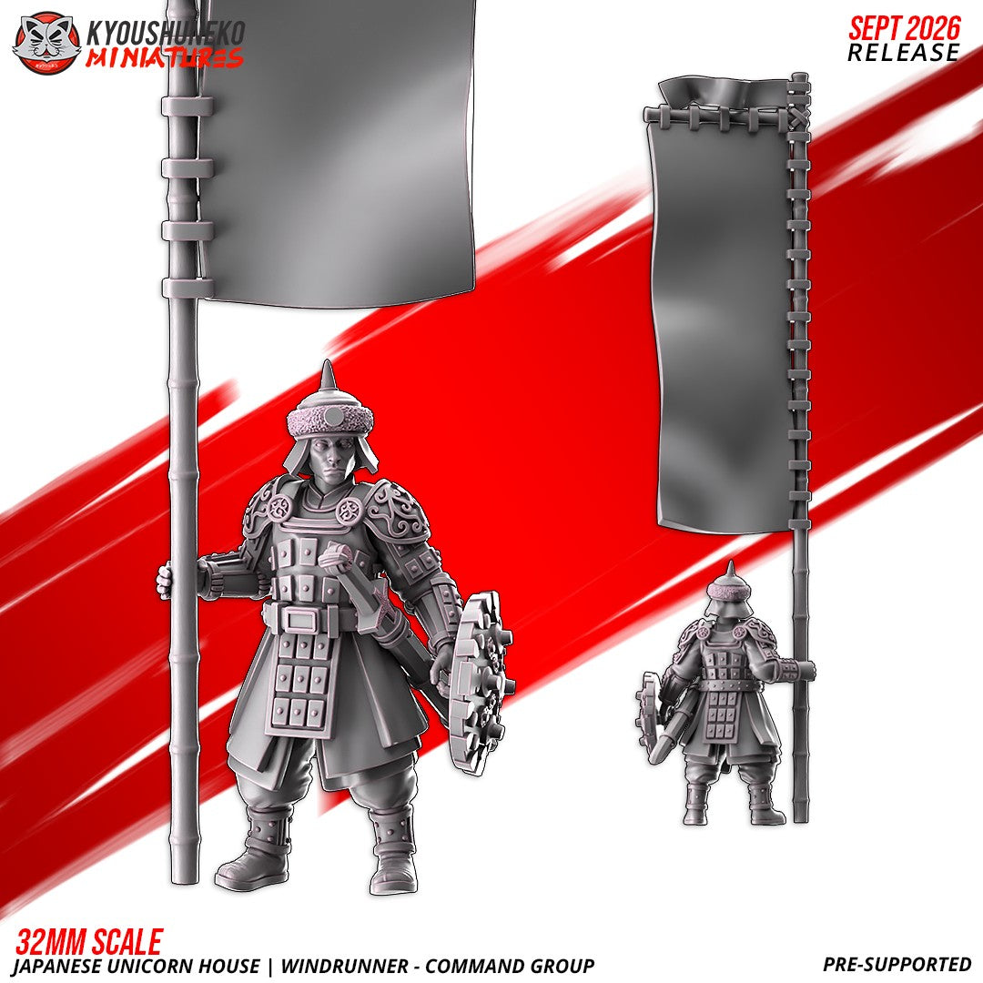 Windrunner Standard Bearer holding a tall banner pole with a round shield, front and rear views, designer render by Kyoushuneko Miniatures.