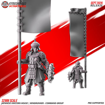 Windrunner Standard Bearer holding a tall banner pole with a round shield, front and rear views, designer render by Kyoushuneko Miniatures.