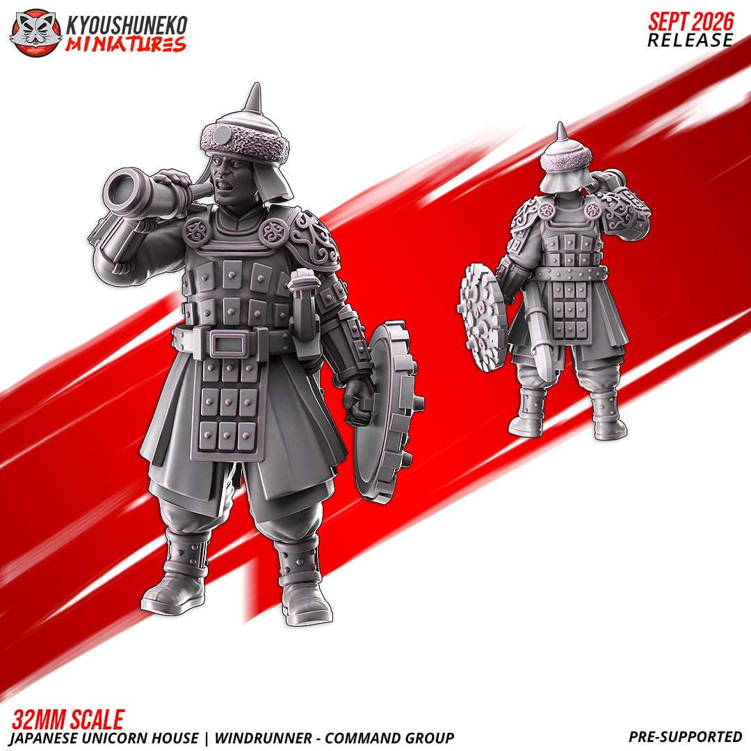 Windrunner Musician sounding a horn, with a round shield, front and rear views, designer render by Kyoushuneko Miniatures.